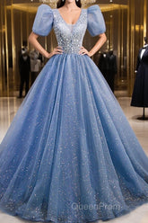 A-Line Evening Prom Dresses Puffy Dresses Quinceanera Floor Length Short Sleeve V Neck Tulle With Sequin