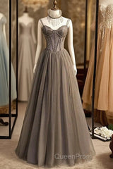 A-Line Evening Prom Dresses Sexy Dresses Formal Floor Length Sleeveless Strap Tulle With Pleats Crystals