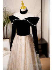 A-Line Evening Prom Dresses Sparkle & Shine Dresses Engagement Floor Length Long Sleeve Sweetheart Tulle With Sequin