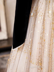 A-Line Evening Prom Dresses Sparkle & Shine Dresses Engagement Floor Length Long Sleeve Sweetheart Tulle With Sequin