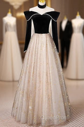 A-Line Evening Prom Dresses Sparkle & Shine Dresses Engagement Floor Length Long Sleeve Sweetheart Tulle With Sequin