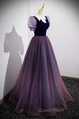 A-Line Evening Prom Dresses Sparkle & Shine Dresses Evening Prom Floor Length Short Sleeve Scoop Neck Tulle With Sequin