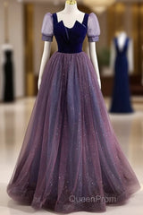 A-Line Evening Prom Dresses Sparkle & Shine Dresses Evening Prom Floor Length Short Sleeve Scoop Neck Tulle With Sequin