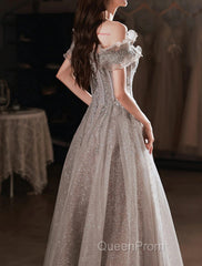 A-Line Evening Prom Dresses Sparkle & Shine Dresses Wedding Guest Evening Prom Floor Length Short Sleeve Off Shoulder Polyester With Sequin Ruffles