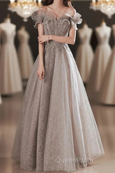 A-Line Evening Prom Dresses Sparkle & Shine Dresses Wedding Guest Evening Prom Floor Length Short Sleeve Off Shoulder Polyester With Sequin Ruffles