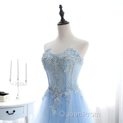A Line Evening Prom Dresses Sweetheart Tulle With Applique Sweep Train