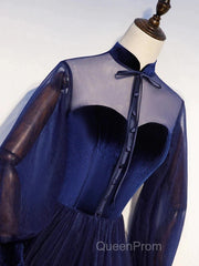 A-Line Evening Prom Dresses Vintage Dresses Party Wear Floor Length Long Sleeve Stand Collar Tulle With Bow(S) Strappy