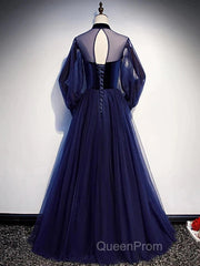 A-Line Evening Prom Dresses Vintage Dresses Party Wear Floor Length Long Sleeve Stand Collar Tulle With Bow(S) Strappy