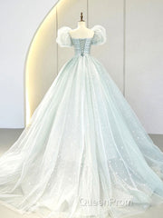 A-Line Puff Sleeves Blue Long Evening Prom Dresses, Tulle Formal Evening Dresses