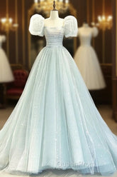 A-Line Puff Sleeves Blue Long Evening Prom Dresses, Tulle Formal Evening Dresses