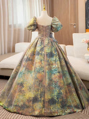 A-Line Puff Sleeves Gold Long Evening Prom Dresses Quinceanera Dresses With Flower Elegant