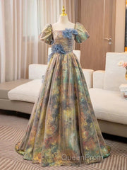 A-Line Puff Sleeves Gold Long Evening Prom Dresses Quinceanera Dresses With Flower Elegant