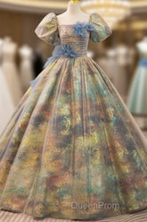 A-Line Puff Sleeves Gold Long Evening Prom Dresses Quinceanera Dresses With Flower Elegant