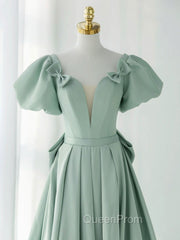 A-Line Puff Sleeves Green Long Evening Prom Dresses, Green Evening Dresses