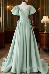 A-Line Puff Sleeves Green Long Evening Prom Dresses, Green Evening Dresses