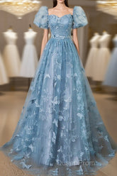 A-Line Puff Sleeves Lace Gray Blue Long Evening Prom Dresses, Gray Blue Formal Dresses