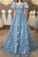 A-Line Puff Sleeves Lace Gray Blue Long Evening Prom Dresses, Gray Blue Formal Dresses