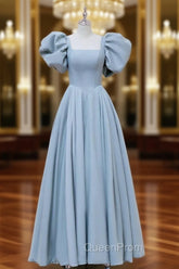 A-Line Puff sleeves Long Blue Evening Prom Dresses, Square Neckline Blue Long Evening Dresses