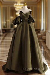 A-Line Puff Sleeves Olive Green Satin Long Evening Prom Dresses, Olive Green Long Evening Dresses