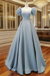 A-Line Puff Sleeves Satin Blue Long Evening Prom Dresses, Blue Long Evening Dresses