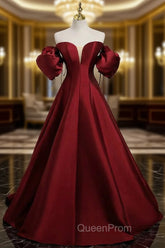 A-Line Puff Sleeves Satin Burgundy Long Evening Prom Dresses, Burgundy Long Evening Dresses