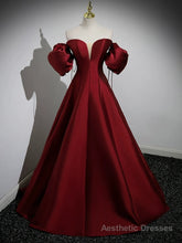A-Line Puff Sleeves Satin Burgundy Long Prom Dress, Burgundy Long Formal Dress