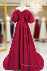 A-Line Puff Sleeves Satin Dark Red Long Evening Prom Dresses, Dark Red Long Evening Dresses
