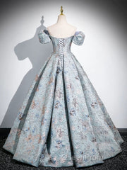 A-Line Puff Sleeves Satin Gray Blue Long Evening Prom Dresses, Gray Blue Long Evening Dresses