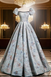 A-Line Puff Sleeves Satin Gray Blue Long Evening Prom Dresses, Gray Blue Long Evening Dresses