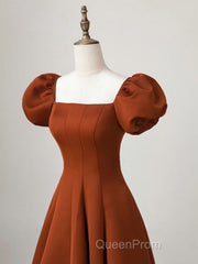 A-Line Puff Sleeves Satin Long Evening Prom Dresses, Long Evening Dresses