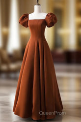 A-Line Puff Sleeves Satin Long Evening Prom Dresses, Long Evening Dresses