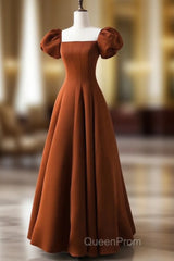 A-Line Puff Sleeves Satin Long Evening Prom Dresses, Long Evening Dresses