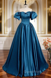 A-Line Puff Sleeves Satin Peacock Blue Long Evening Prom Dresses, Peacock Blue Long Evening Dresses
