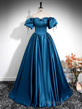 A-Line Puff Sleeves Satin Peacock Blue Long Prom Dress, Peacock Blue Long Formal Dress
