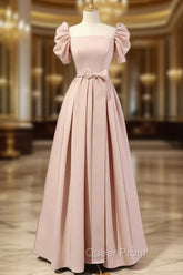 A-Line Puff Sleeves Satin Pink Long Evening Prom Dresses, Pink Long Bridesmaid Dresses