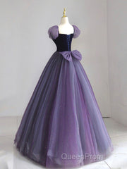 A-Line Puff Sleeves Tulle Velvet Purple Long Evening Prom Dresses, Purple Long Formal Dresses
