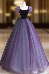 A-Line Puff Sleeves Tulle Velvet Purple Long Evening Prom Dresses, Purple Long Formal Dresses