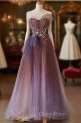 A-Line Purple Gradient Tulle Beaded Long Party Dresses, Purple Tulle Evening Prom Dresses