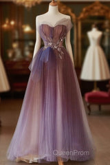 A-Line Purple Gradient Tulle Beaded Long Party Dresses, Purple Tulle Evening Prom Dresses