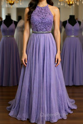 A Line Purple Lace Long Evening Prom Dresses with Belt, Purple Lace Formal Dresses, Purple Evening Dresses, Bridesmaid Dresses