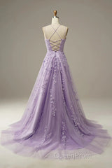 A-Line Purple Spaghetti Straps Long Evening Prom Dresses With Appliques