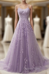 A-Line Purple Spaghetti Straps Long Evening Prom Dresses With Appliques