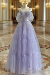 A-Line Purple Tulle Purple Long Evening Prom Dresses, Purple Long Evening Dresses