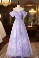 A-line Purple Tulle with Lace Off Shoulder Evening Dresses, Purple Tulle Evening Prom Dresses
