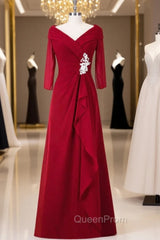 A Line Red Full Sleeve V-Neck Long Mother of the Bride Dressess