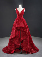 A-line Red Sequins V-neck Prom Dress