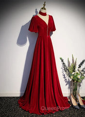 A-Line Red High Neckline Velvet Long Party Dresses Short Sleeves Velvet Evening Prom Dresses