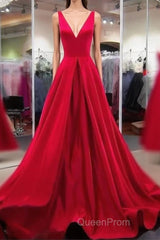 A Line Red Evening Prom Dresses V Neck Satin Long Evening Dresses