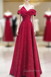 A-Line Red Satin Long Off Shoulder Evening Dresses, Simple Floor Length Evening Prom Dresses