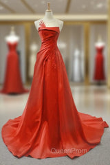 A-Line Red Satin Pleats Beading Backless Long Evening Prom Dresses